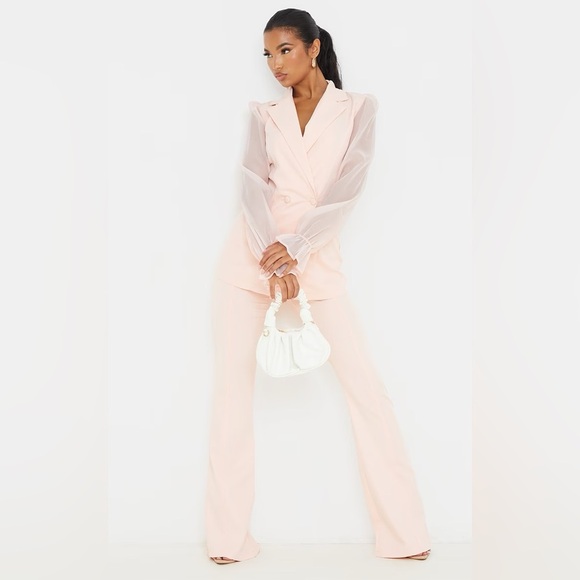 PrettyLittleThing Jackets & Blazers - PrettyLittleThing Pale Pink Woven Double Breasted Organza Blazer & Trouser Set 2